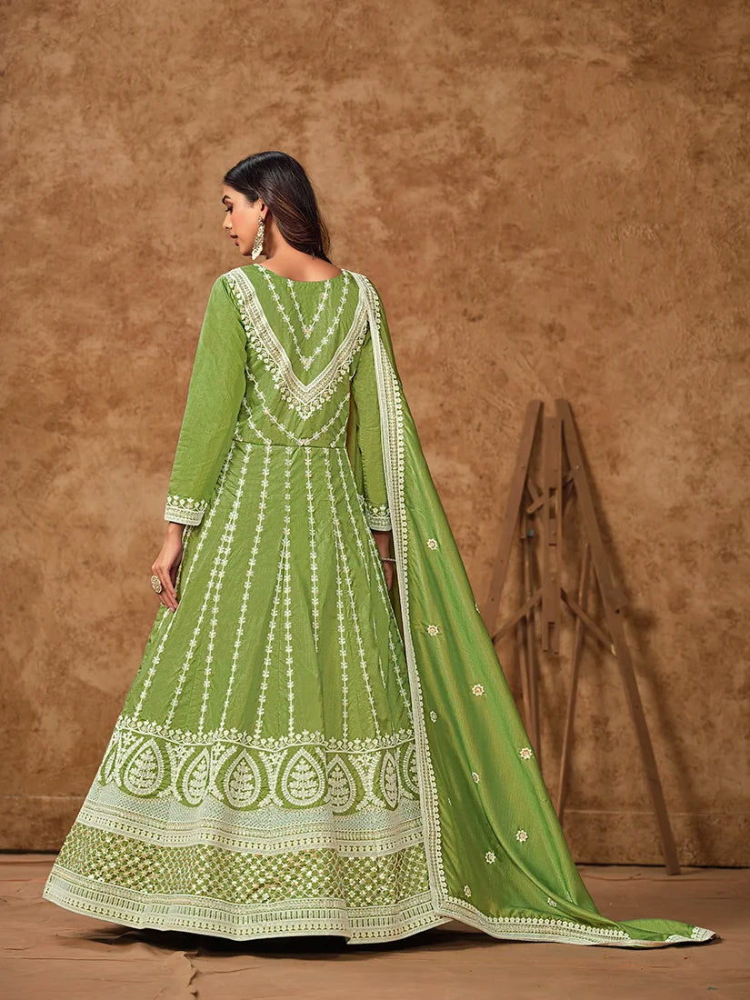 Green Dola Silk Floor-Length Anarkali with Zari Embroidery, back