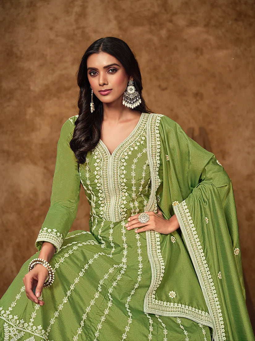 Green Dola Silk Floor-Length Anarkali with Zari Embroidery, neckline close-up