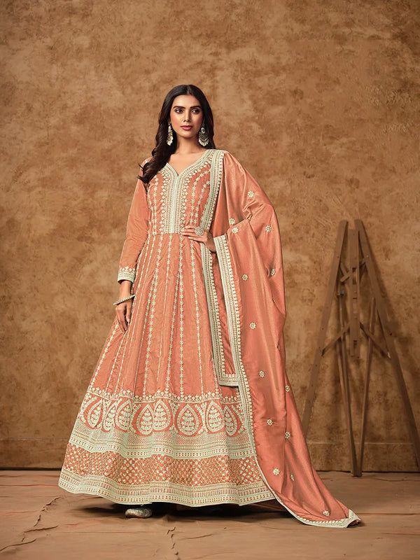 Peach Dola Silk Floor-Length Anarkali with Zari Embroidery, front