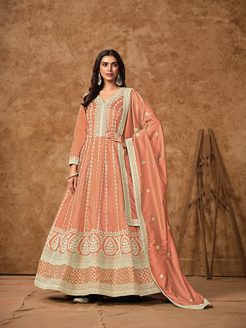 Peach Dola Silk Floor-Length Anarkali with Zari Embroidery, front