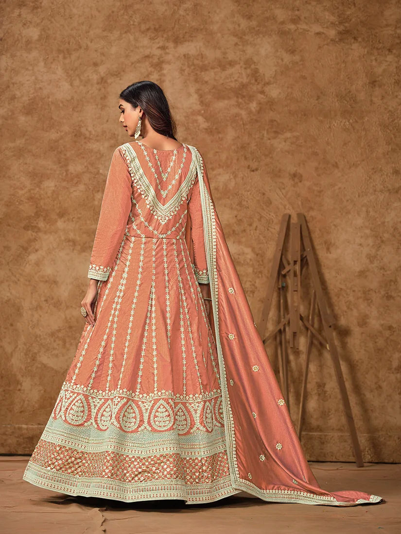 Peach Dola Silk Floor-Length Anarkali with Zari Embroidery, back