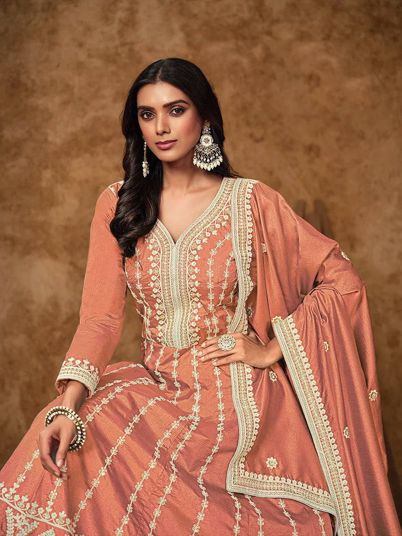 Peach Dola Silk Floor-Length Anarkali with Zari Embroidery, neckline close-up