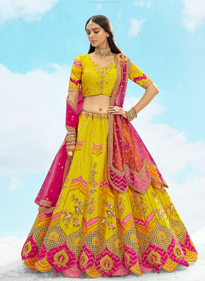 Multicolor Silk Blend Lehenga Choli with Scalloped Arch Hem
