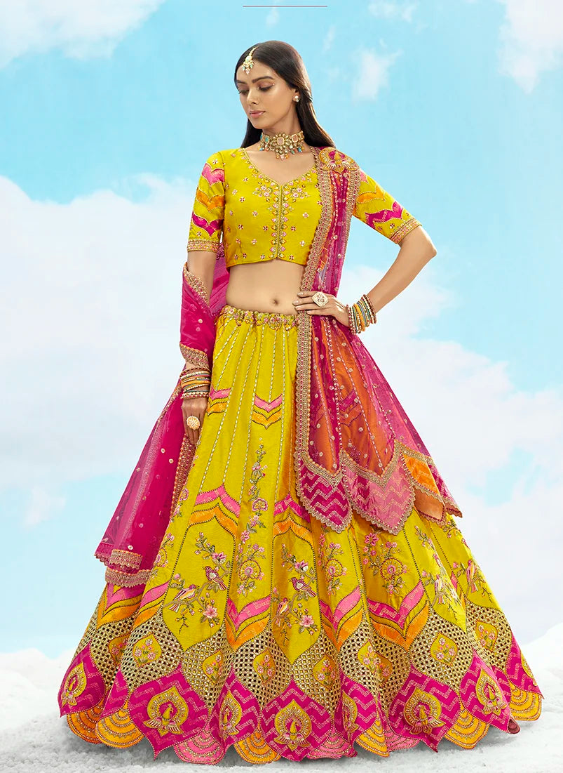 Multicolor Silk Blend Lehenga Choli with Scalloped Arch Hem, front