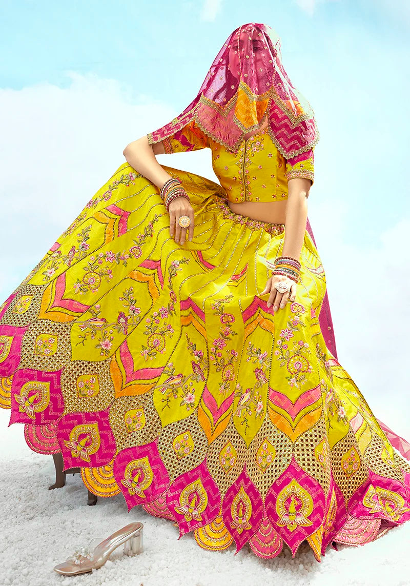 Multicolor Silk Blend Lehenga Choli with Scalloped Arch Hem, styled on model
