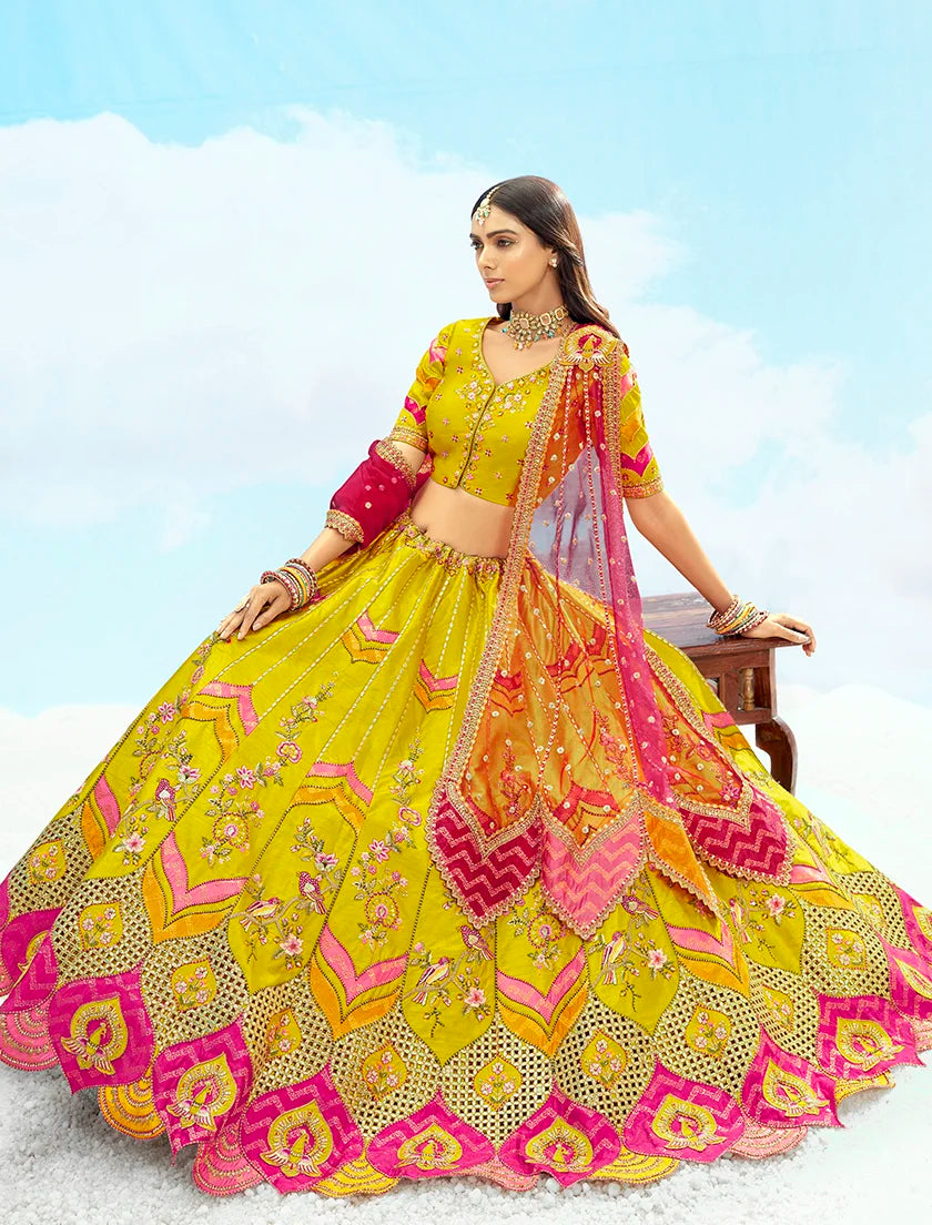 Multicolor Silk Blend Lehenga Choli with Scalloped Arch Hem, seated view