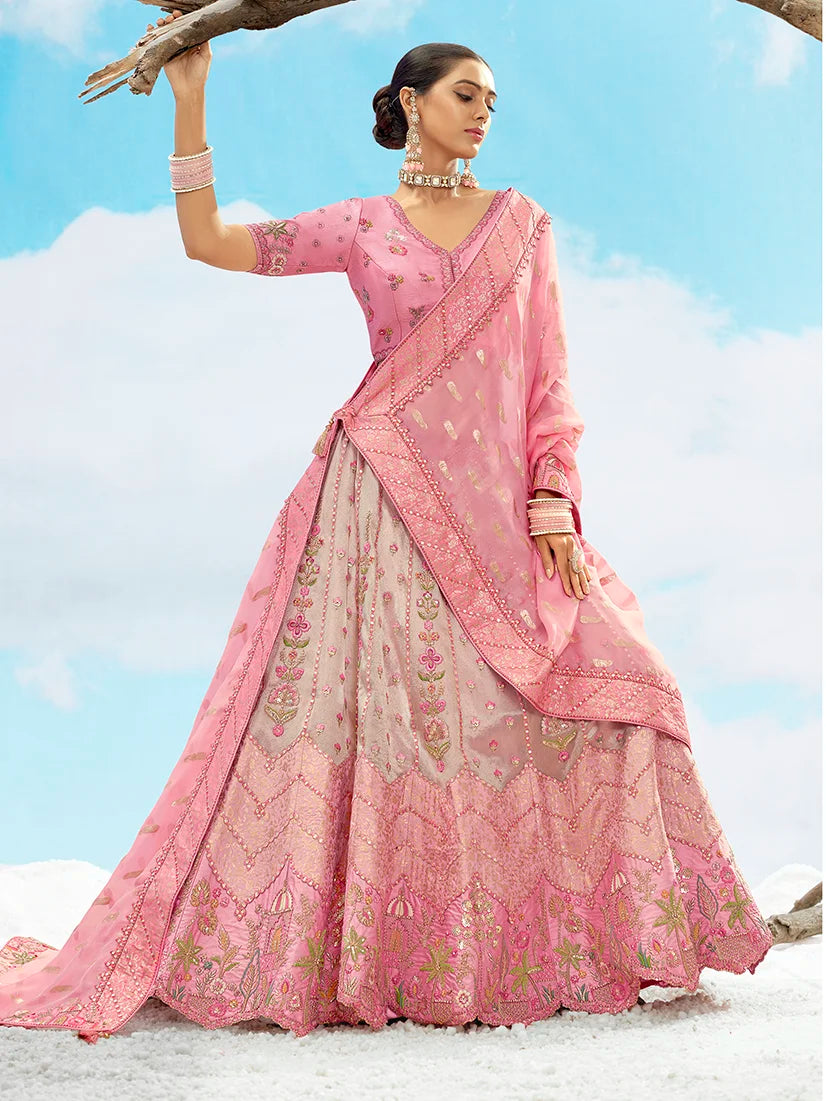 Pink Silk Blend Sequin Embroidered Lehenga Choli, side