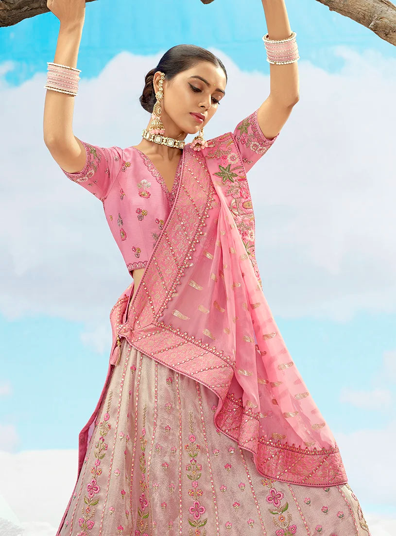Pink Silk Blend Sequin Embroidered Lehenga Choli, choli close-up