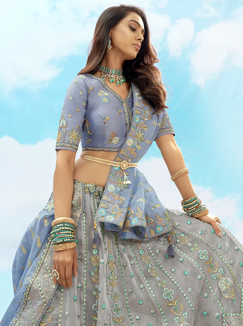 Multicolor Silk Blend Lehenga Choli with Arch Motif Hem, choli close-up