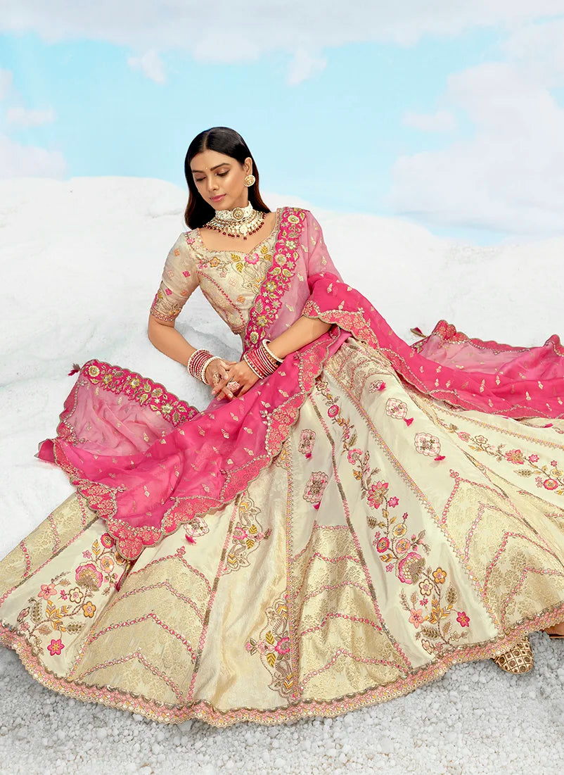 Multicolor Silk Blend Lehenga Choli with Medallion Motifs, seated view