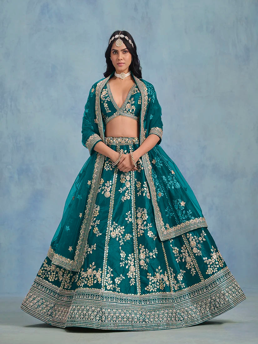 Rama Green Art Silk Floral Panel Lehenga Choli, styled on model