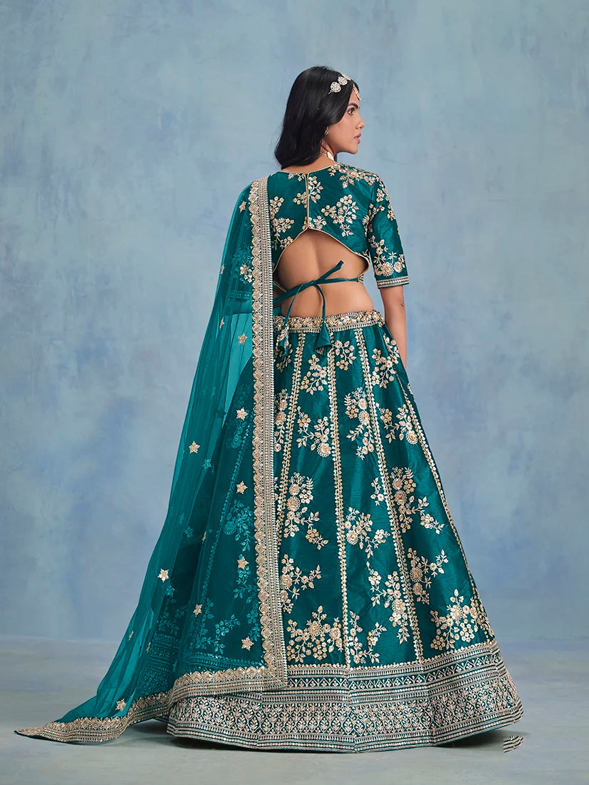 Rama Green Art Silk Floral Panel Lehenga Choli, back