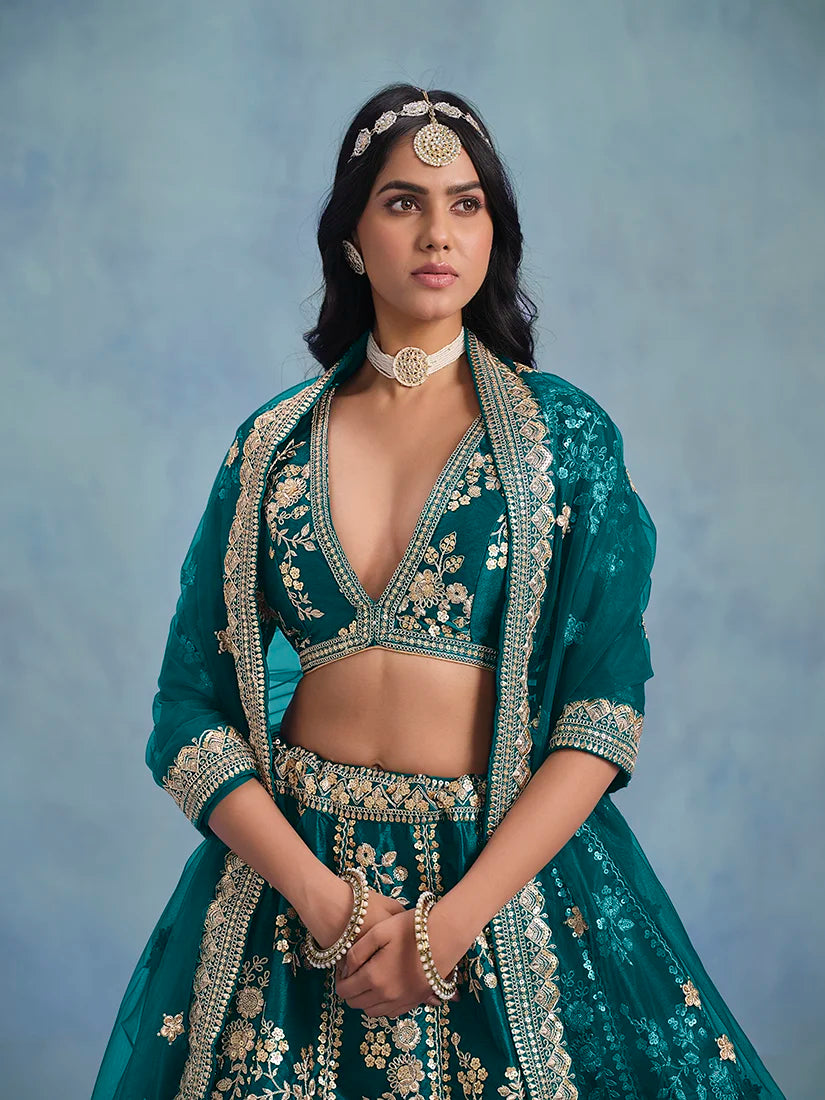 Rama Green Art Silk Floral Panel Lehenga Choli, choli detail