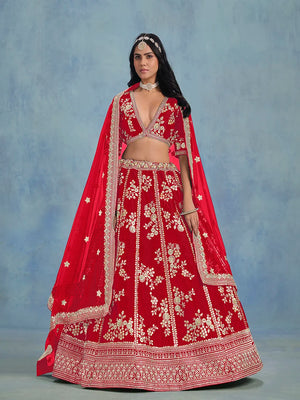 Red Art Silk Floral Panel Lehenga Choli