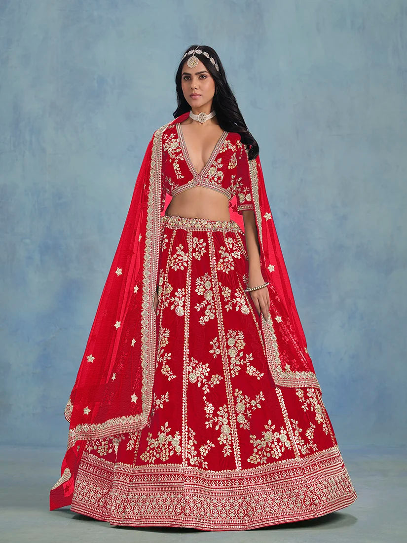 Red Art Silk Floral Panel Lehenga Choli, front