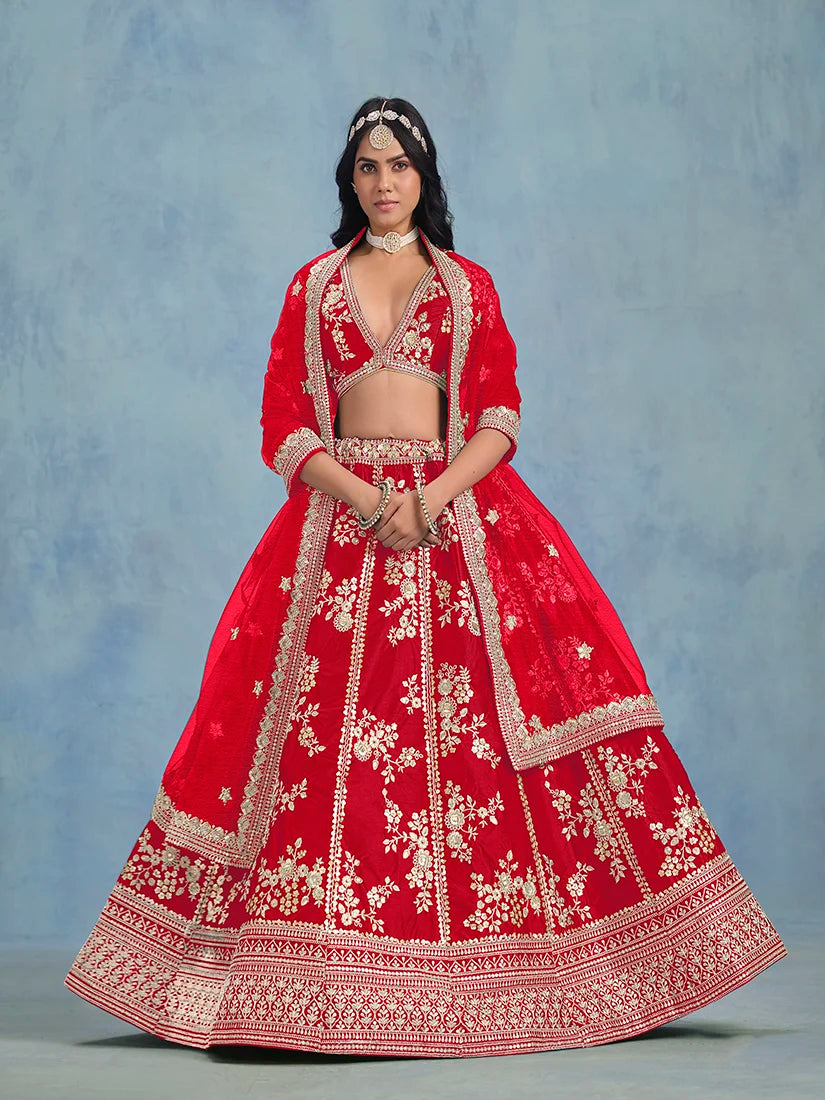 Red Art Silk Floral Panel Lehenga Choli, styled on model