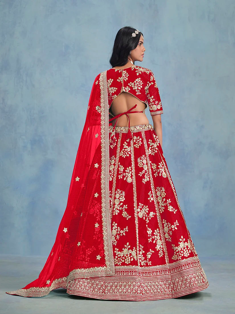 Red Art Silk Floral Panel Lehenga Choli, back