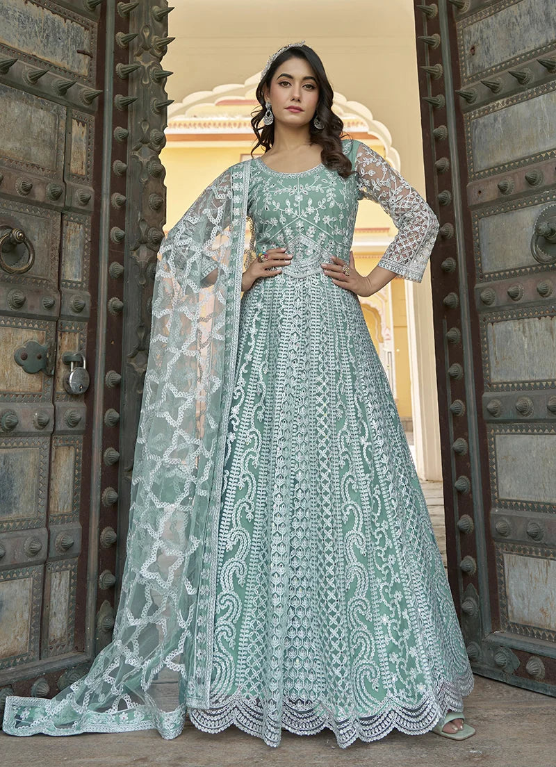 Sea Green Net Anarkali with Paisley Embroidery, front