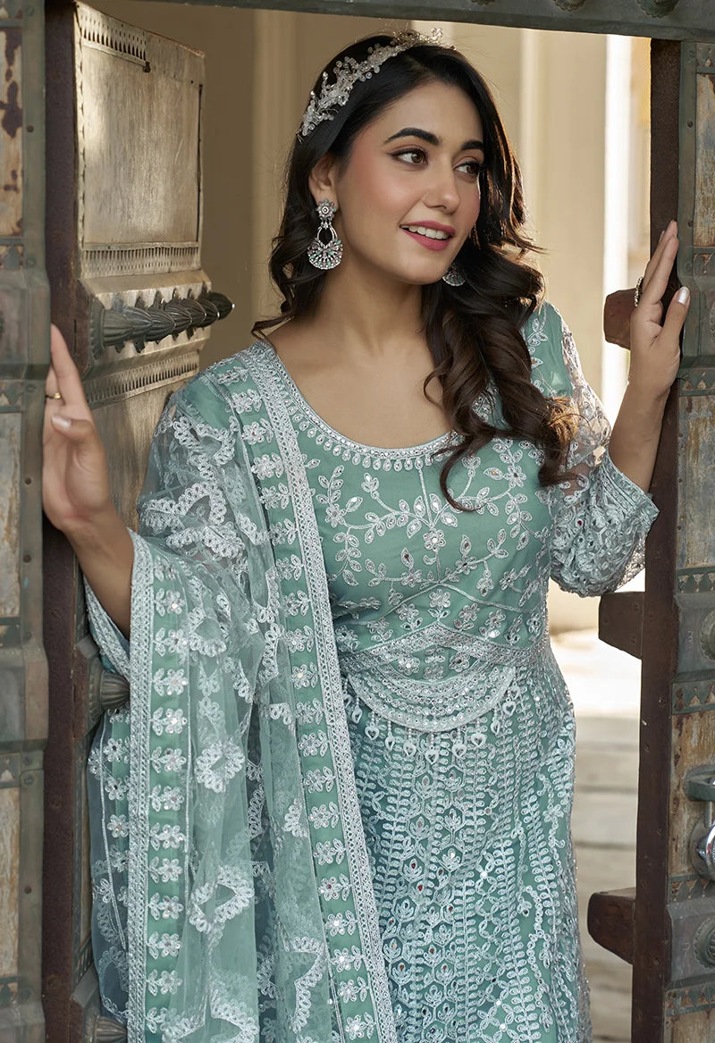 Sea Green Net Anarkali with Paisley Embroidery, neckline close-up