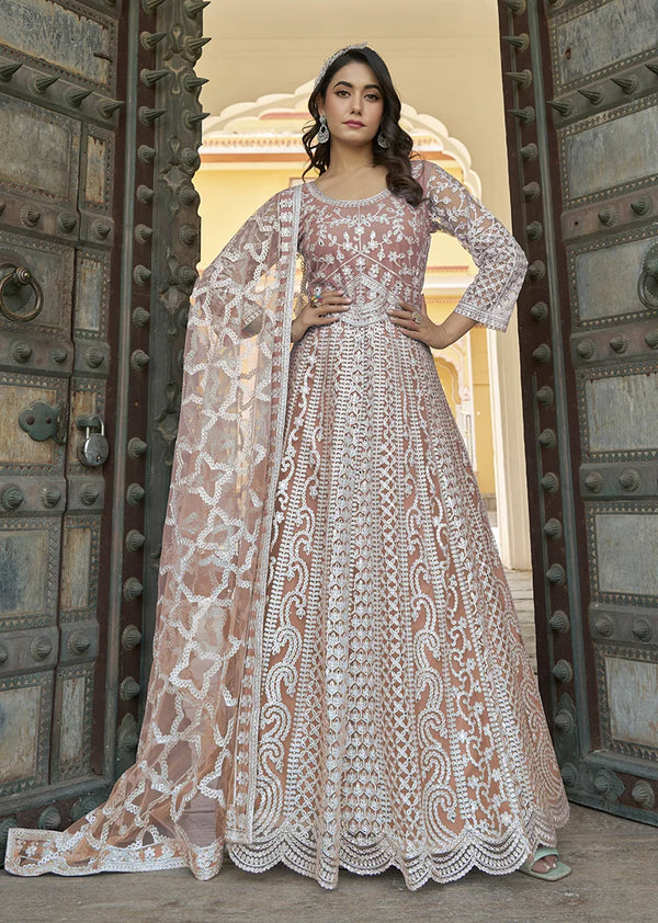Light Peach Net Anarkali with Paisley Embroidery, front