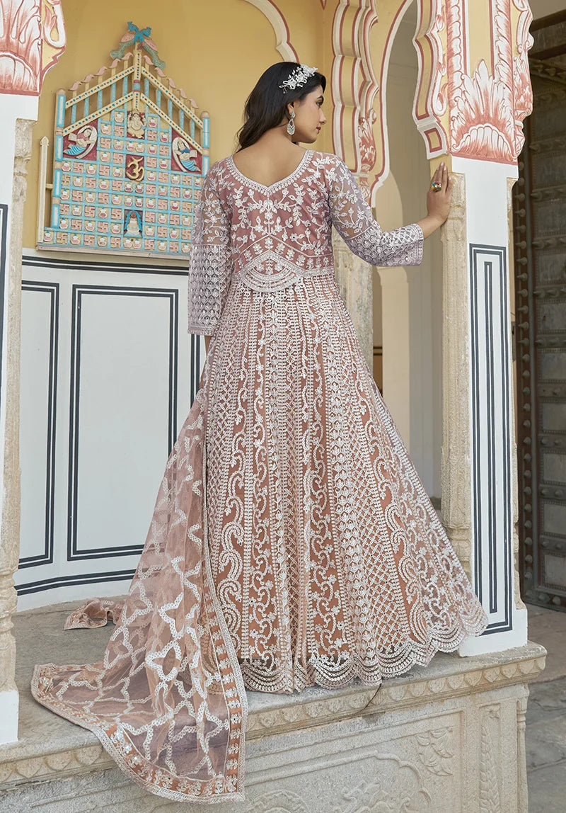 Light Peach Net Anarkali with Paisley Embroidery, back