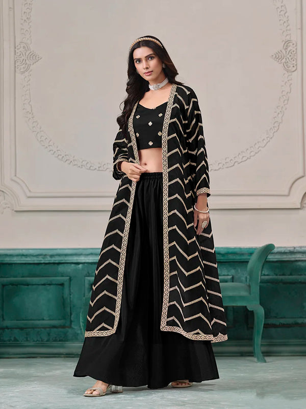 Black Chinon Crop Top and Palazzo Set with Embroidered Jacket, front