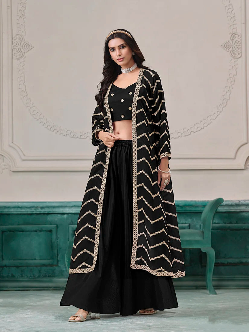 Black Chinon Crop Top and Palazzo Set with Embroidered Jacket, front