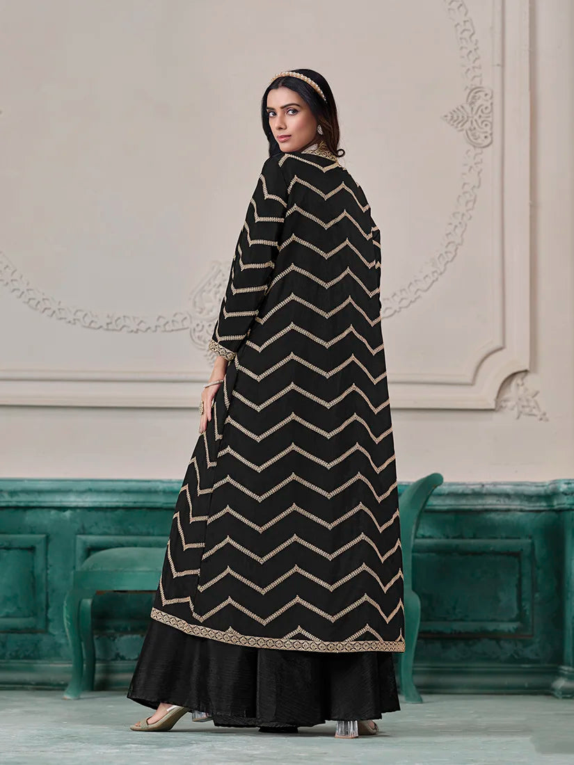 Black Chinon Crop Top and Palazzo Set with Embroidered Jacket, back