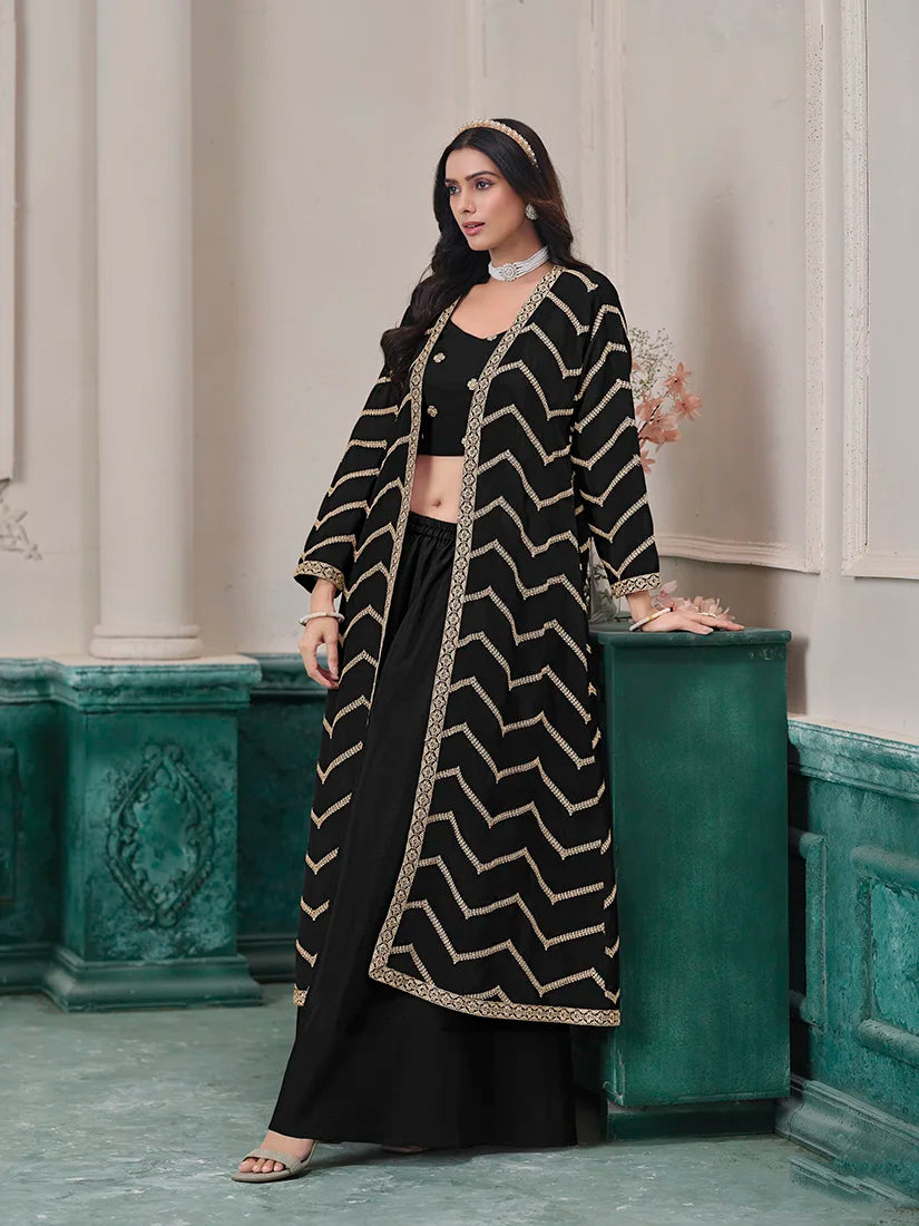 Black Chinon Crop Top and Palazzo Set with Embroidered Jacket, side