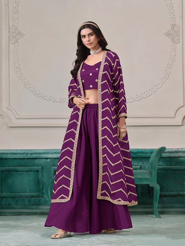 Purple Chinon Crop Top and Palazzo Set with Embroidered Jacket, front