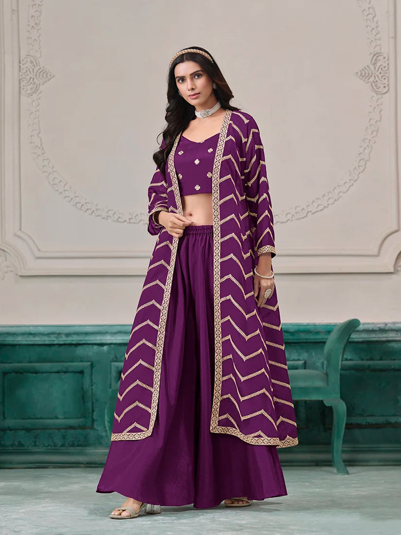 Purple Chinon Crop Top and Palazzo Set with Embroidered Jacket, front