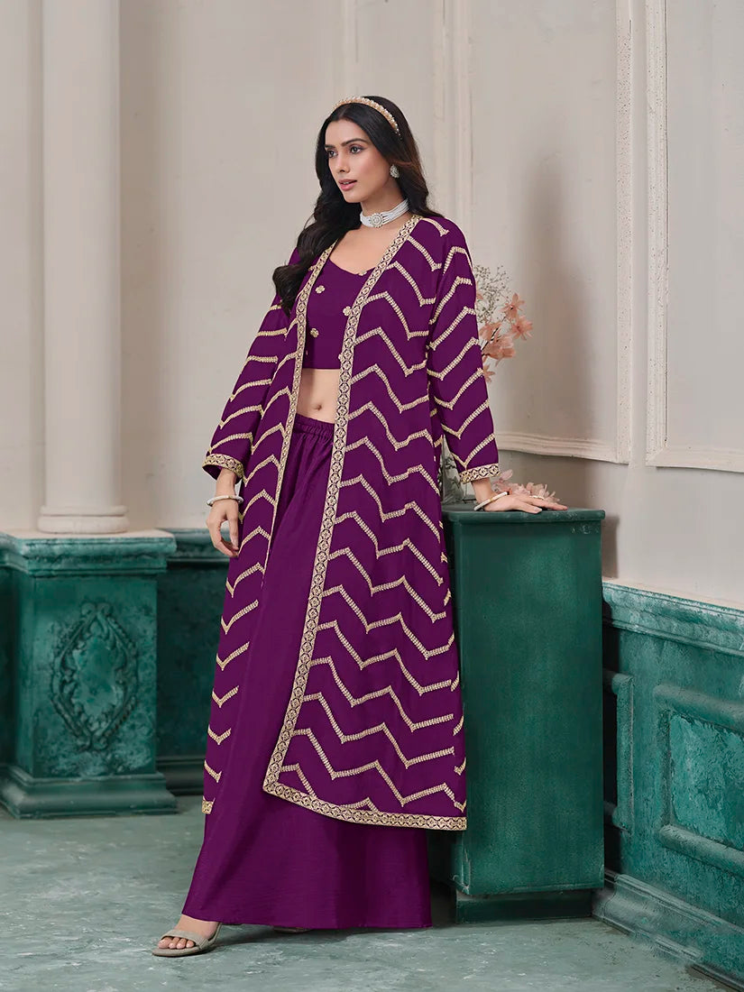 Purple Chinon Crop Top and Palazzo Set with Embroidered Jacket, side