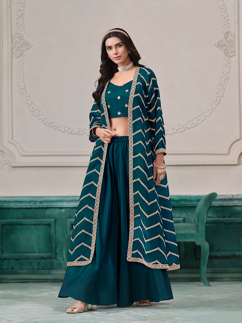 Teal Chinon Crop Top and Palazzo Set with Embroidered Jacket, front
