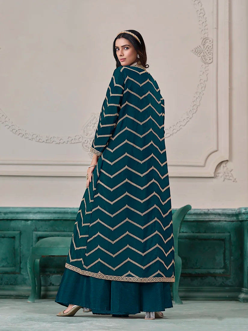 Teal Chinon Crop Top and Palazzo Set with Embroidered Jacket, back