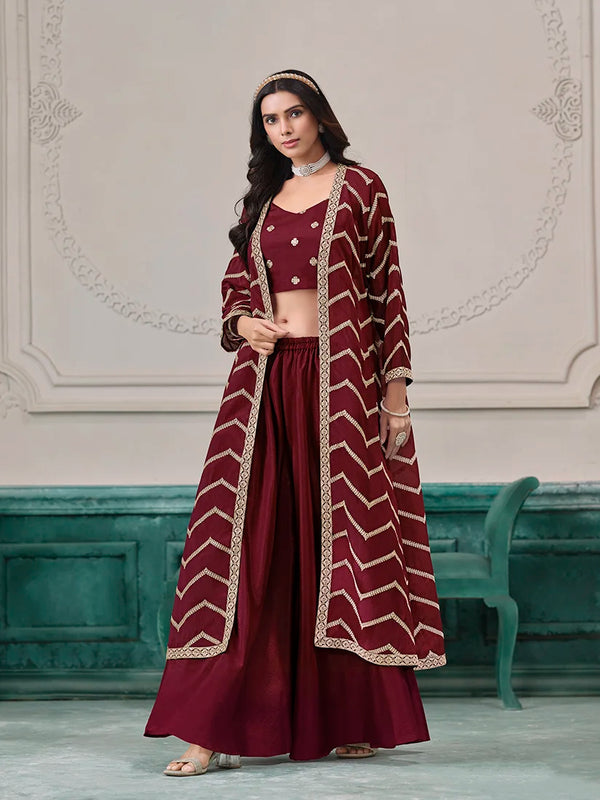 Maroon Chinon Crop Top and Palazzo Set with Embroidered Jacket, front