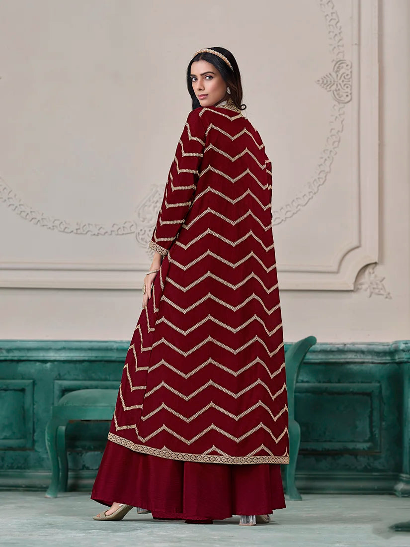 Maroon Chinon Crop Top and Palazzo Set with Embroidered Jacket, back