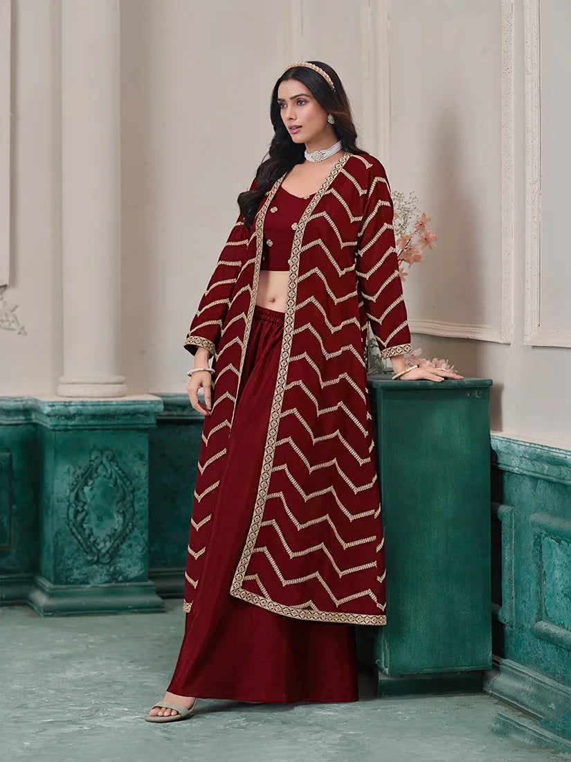 Maroon Chinon Crop Top and Palazzo Set with Embroidered Jacket, side
