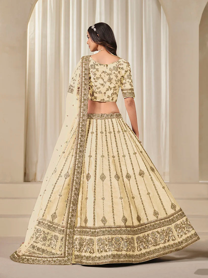 Cream Art Silk Embroidered A-Line Lehenga Choli, back
