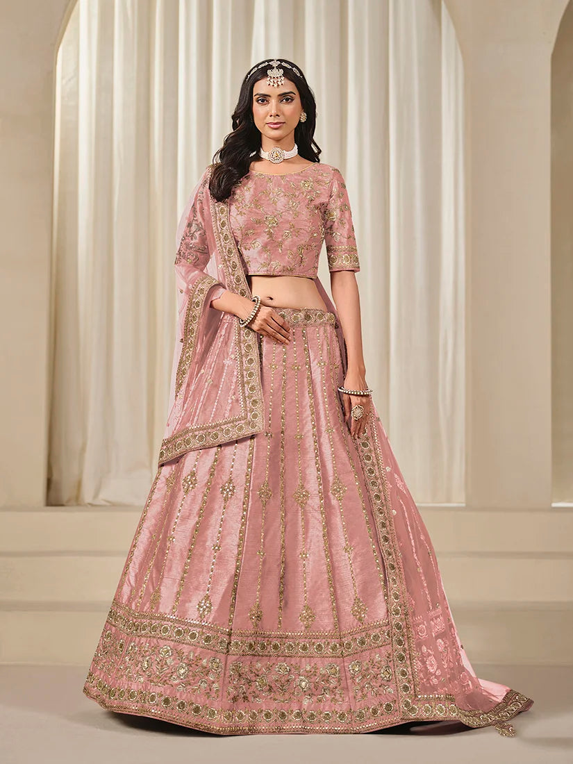 Pink Art Silk Embroidered A-Line Lehenga Choli, front
