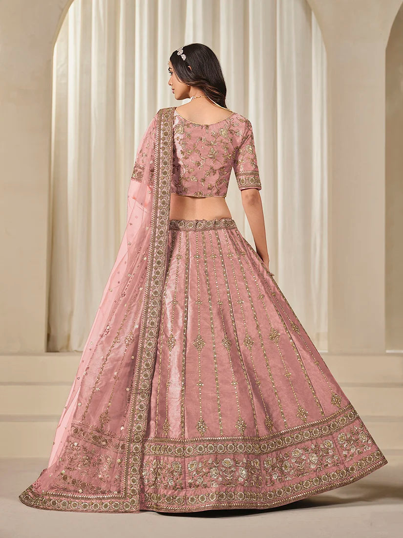 Pink Art Silk Embroidered A-Line Lehenga Choli, back