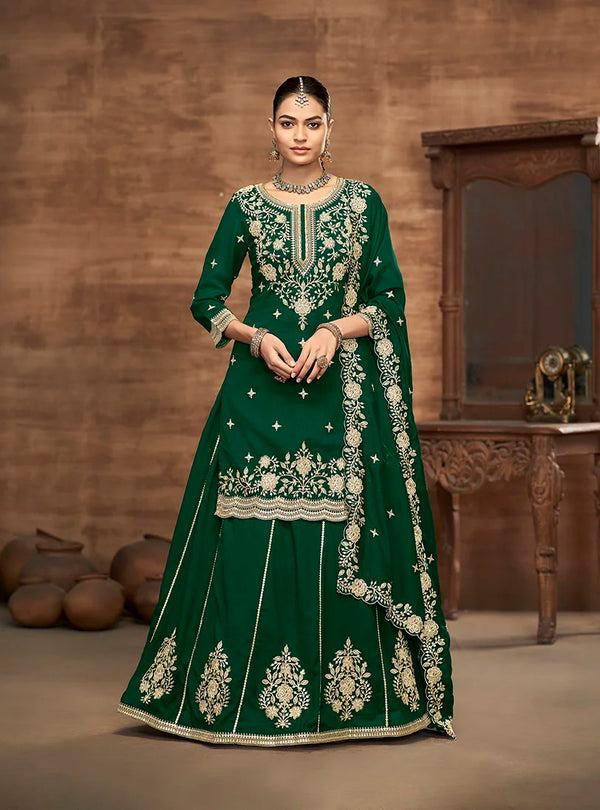 Dark Green Art Silk A-Line Kameez with Lehenga Skirt, front