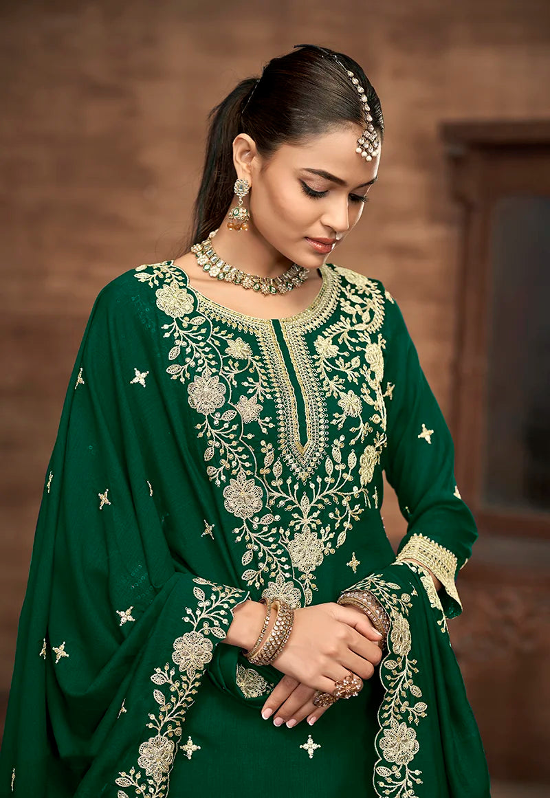 Dark Green Art Silk A-Line Kameez with Lehenga Skirt, yoke close-up
