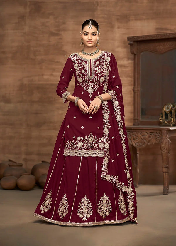 Maroon Art Silk A-Line Kameez with Lehenga Skirt, front