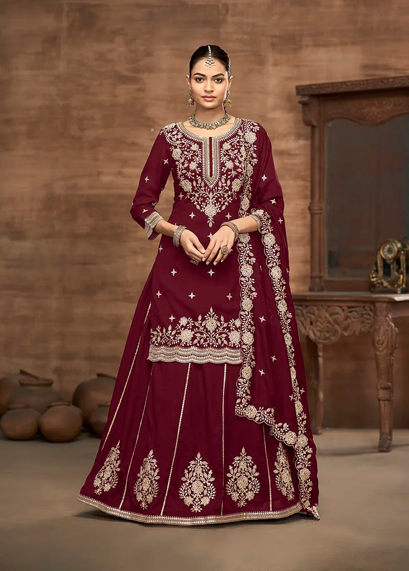 Maroon Art Silk A-Line Kameez with Lehenga Skirt, front