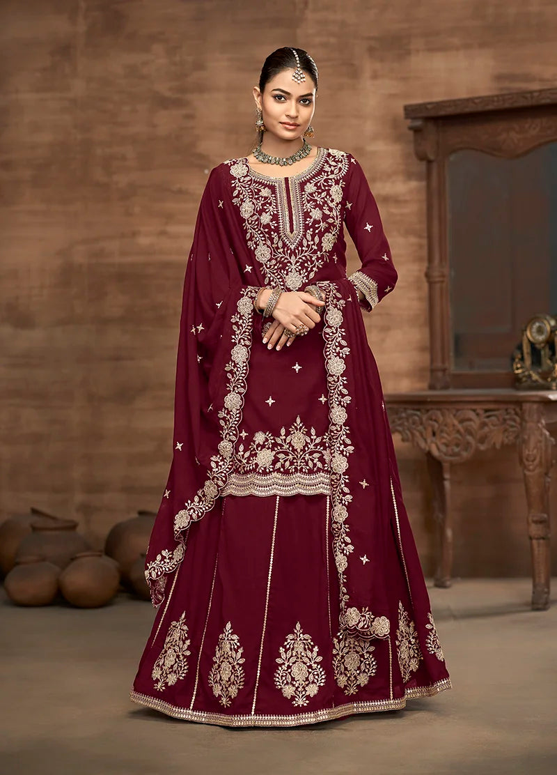 Maroon Art Silk A-Line Kameez with Lehenga Skirt, styled on model