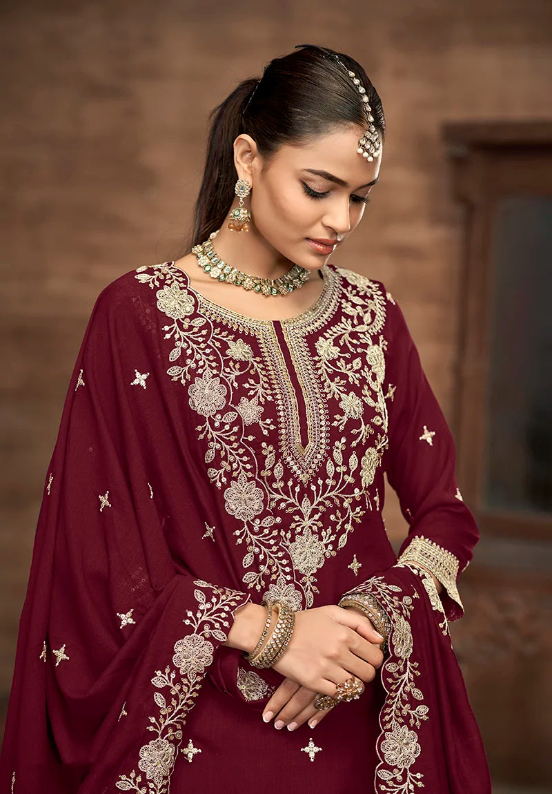 Maroon Art Silk A-Line Kameez with Lehenga Skirt, yoke close-up