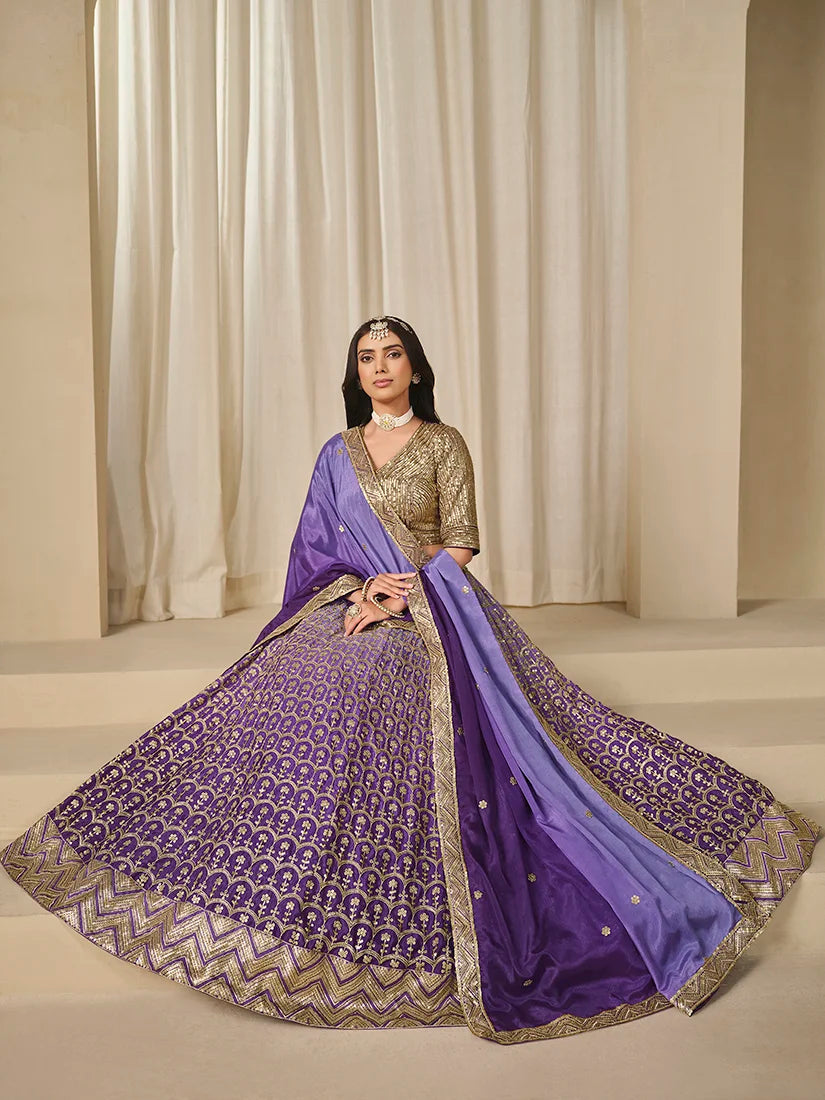 Violet Chinon Sequin Embroidered Lehenga Choli, styled on model