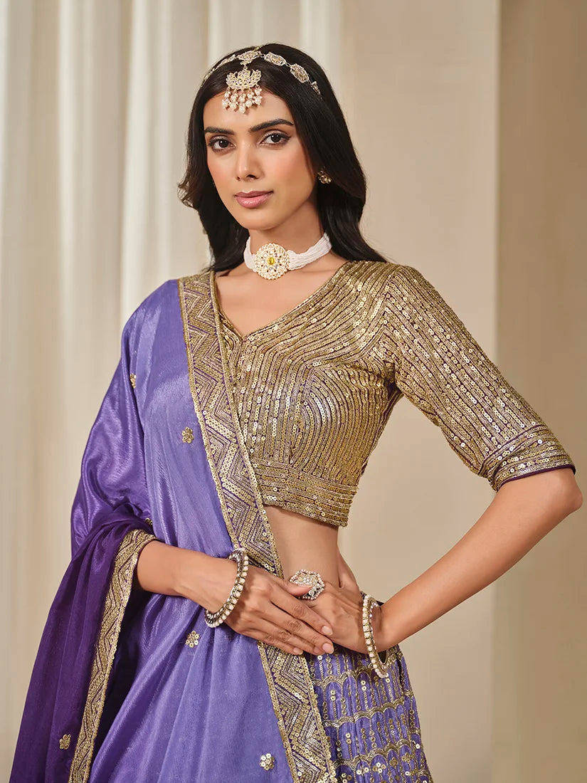 Violet Chinon Sequin Embroidered Lehenga Choli, choli detail