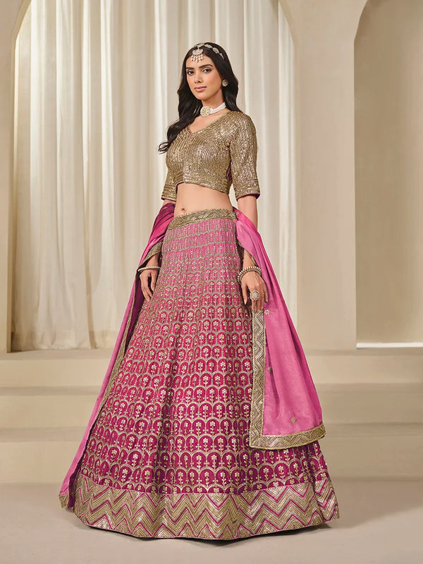 Hot Pink Chinon Sequin Embroidered Lehenga Choli, front