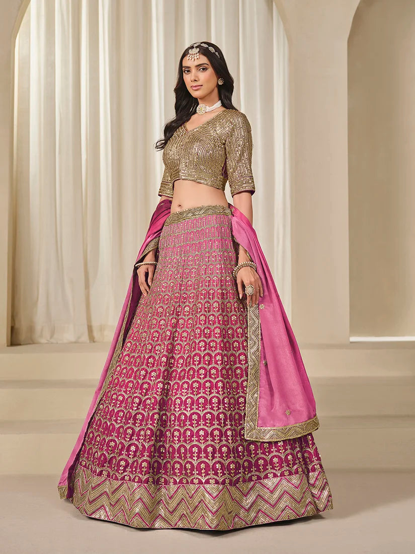 Hot Pink Chinon Sequin Embroidered Lehenga Choli, front